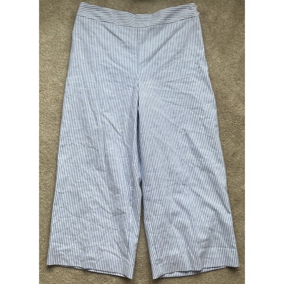 Talbots Linen Crop Pants Womens 14 Wide Leg Striped Blue Side Zip Career Preppy - Picture 1 of 8